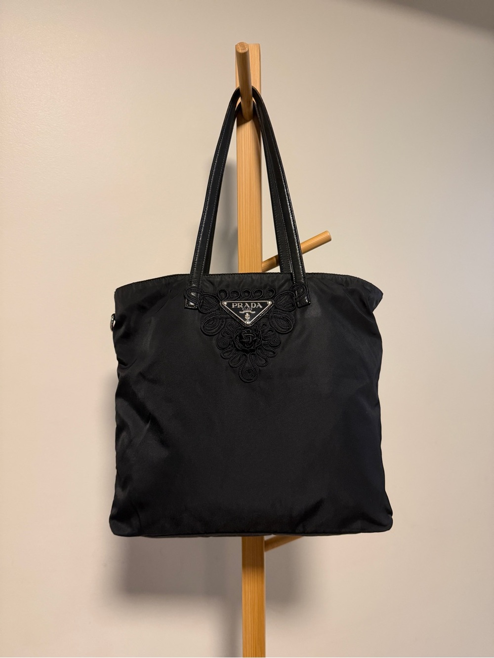 Prada Black Nylon Tote with Embroidered Floral Triangle Logo Authentic